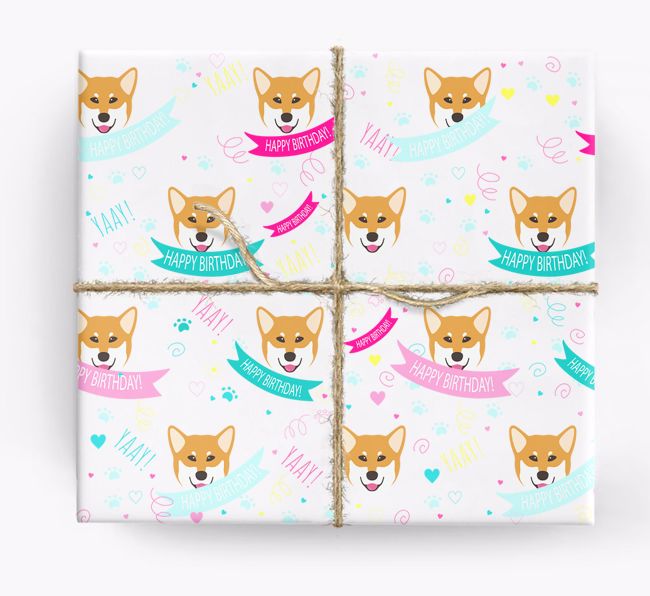 'Happy Birthday' Ribbon Wrapping Paper with {breedFullName} Icons