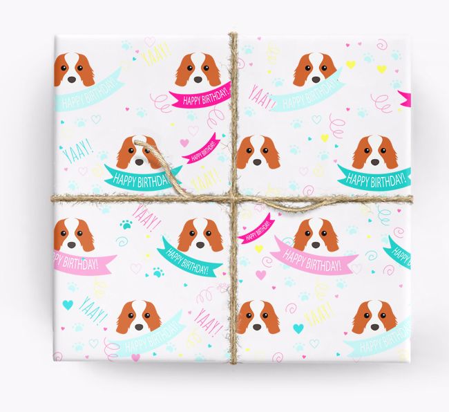 'Happy Birthday' Ribbon Wrapping Paper with {breedFullName} Icons