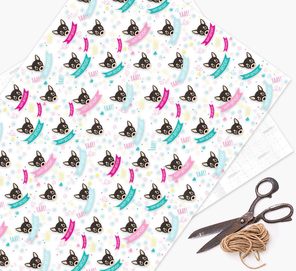 'Happy Birthday' Ribbon Wrapping Paper with {breedFullName} Icons - wrapping paper, scissors and string