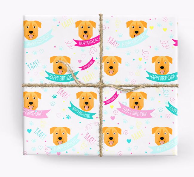 'Happy Birthday' Ribbon Wrapping Paper with {breedFullName} Icons