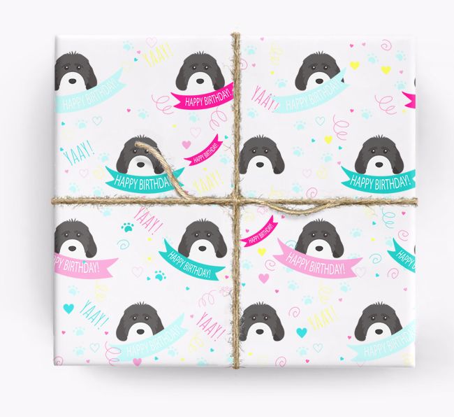 'Happy Birthday' Ribbon Wrapping Paper with {breedFullName} Icons