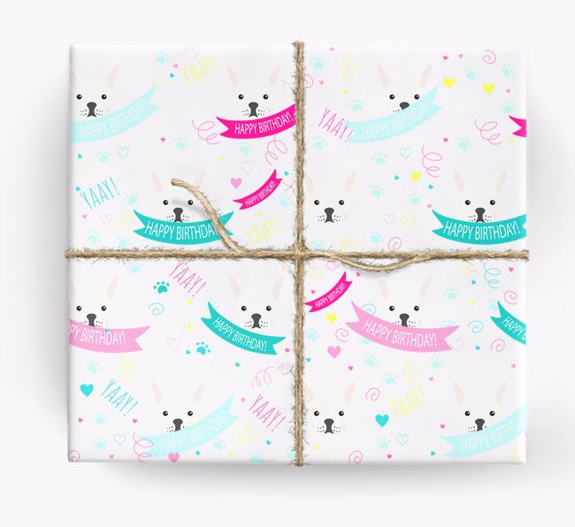 'Happy Birthday' Ribbon Wrapping Paper with {breedFullName} Icons