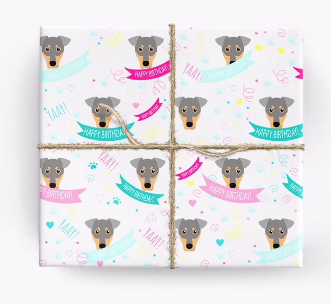 'Happy Birthday' Ribbon Wrapping Paper with {breedFullName} Icons