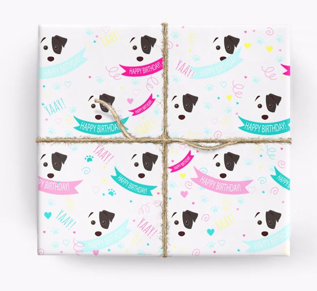 'Happy Birthday' Ribbon Wrapping Paper with {breedFullName} Icons