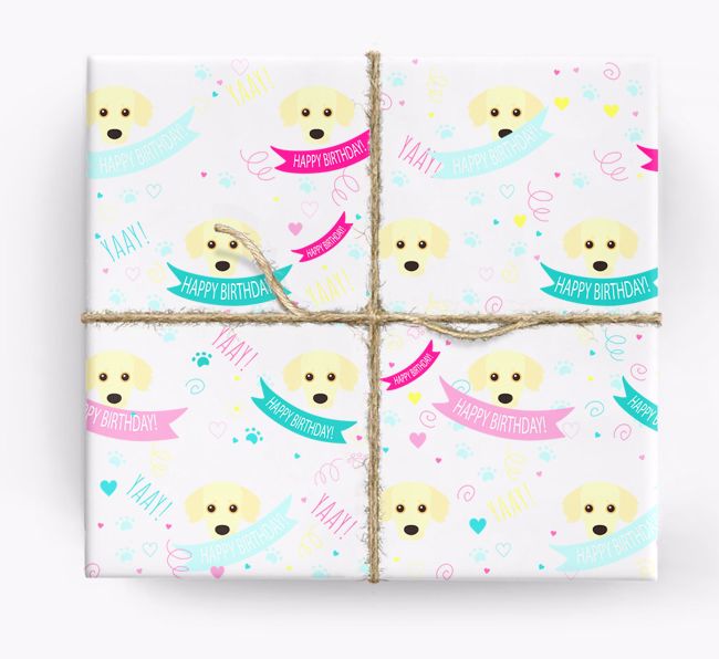 'Happy Birthday' Ribbon Wrapping Paper with {breedFullName} Icons