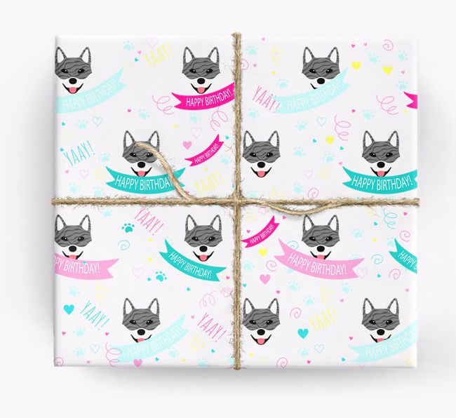 'Happy Birthday' Ribbon Wrapping Paper with {breedFullName} Icons