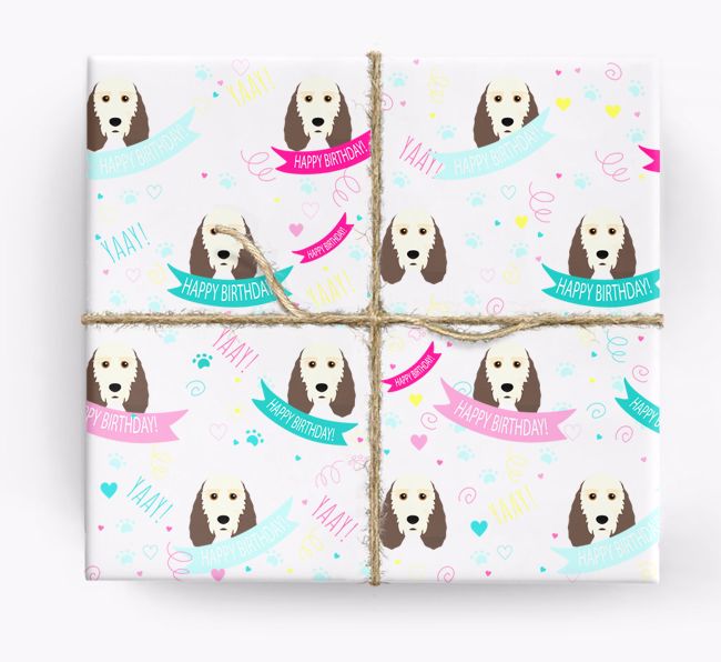 'Happy Birthday' Ribbon Wrapping Paper with {breedFullName} Icons