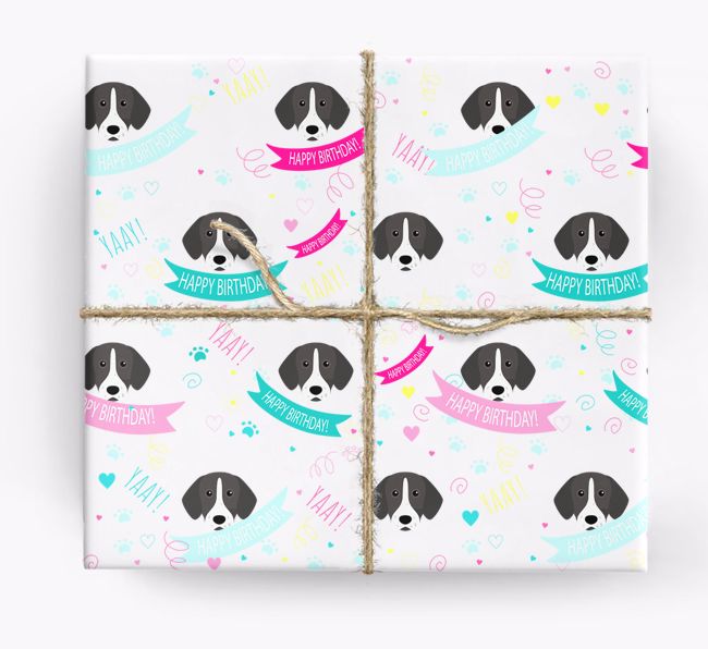 'Happy Birthday' Ribbon Wrapping Paper with {breedFullName} Icons