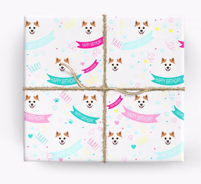 'Happy Birthday' Ribbon Wrapping Paper with {breedFullName} Icons