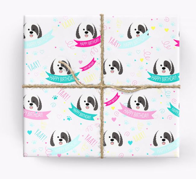 'Happy Birthday' Ribbon Wrapping Paper with {breedFullName} Icons