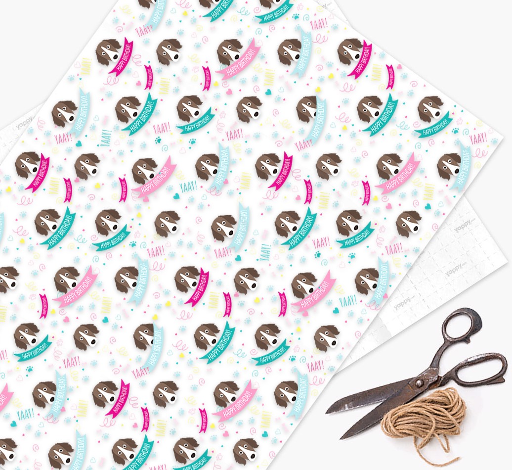 'Happy Birthday' Ribbon Wrapping Paper with {breedFullName} Icons - wrapping paper, scissors and string