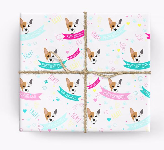 'Happy Birthday' Ribbon Wrapping Paper with {breedFullName} Icons