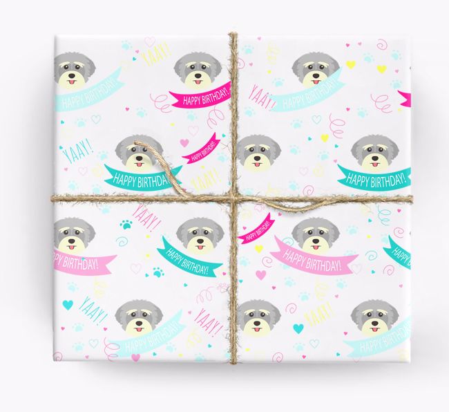 'Happy Birthday' Ribbon Wrapping Paper with {breedFullName} Icons