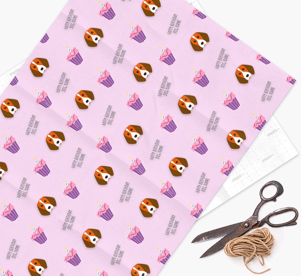 Personalised 'Happy Birthday' Cupcake Wrapping Paper with {breedFullName} Icons - wrapping paper, scissors and string