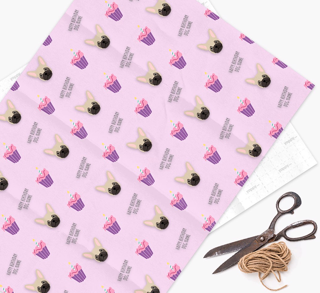 Personalised 'Happy Birthday' Cupcake Wrapping Paper with {breedFullName} Icons - wrapping paper, scissors and string