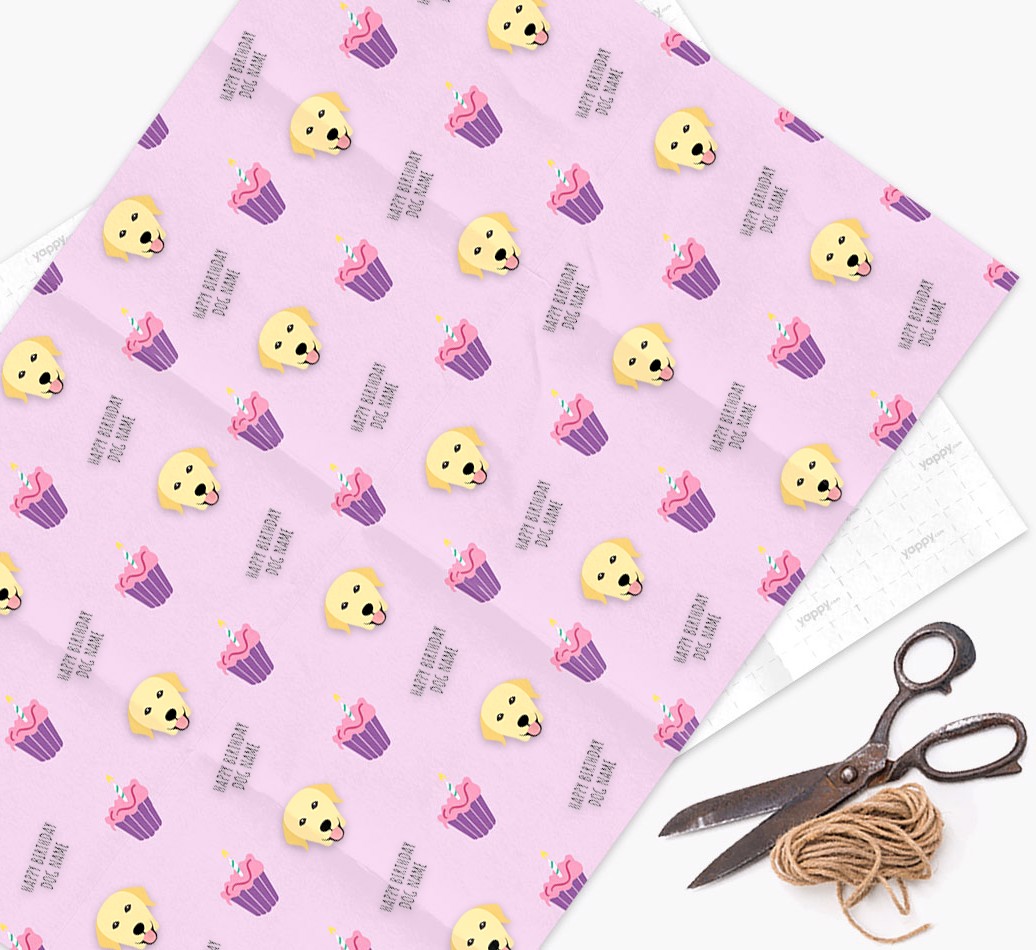 Personalized 'Happy Birthday' Cupcake Wrapping Paper with {breedFullName} Icons - wrapping paper, scissors and string