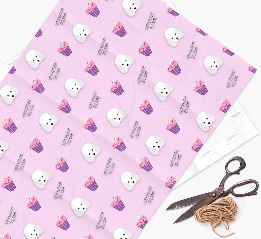 Personalised 'Happy Birthday' Cupcake Wrapping Paper with {breedFullName} Icons - wrapping paper, scissors and string