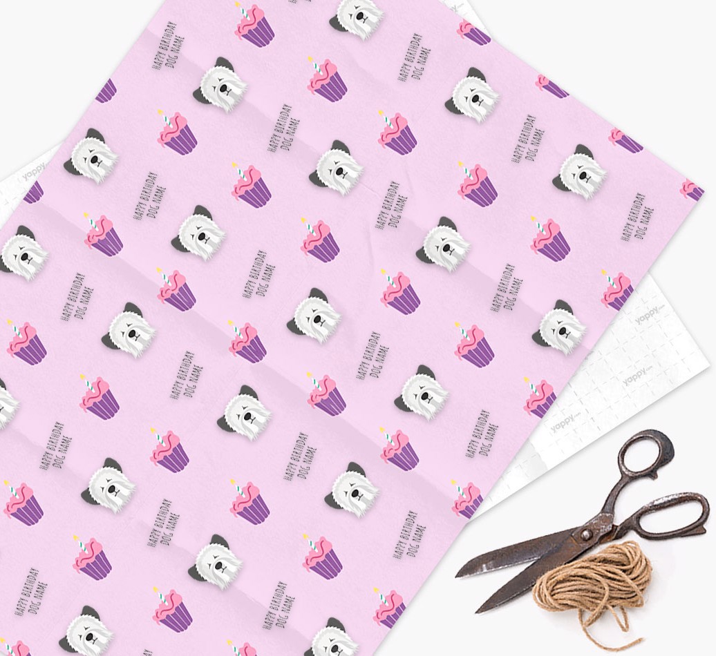 Personalised 'Happy Birthday' Cupcake Wrapping Paper with {breedFullName} Icons - wrapping paper, scissors and string