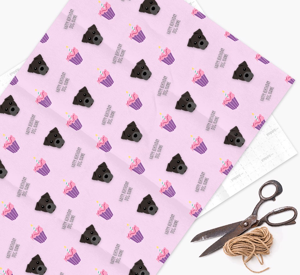 Personalized 'Happy Birthday' Cupcake Wrapping Paper with {breedFullName} Icons - wrapping paper, scissors and string