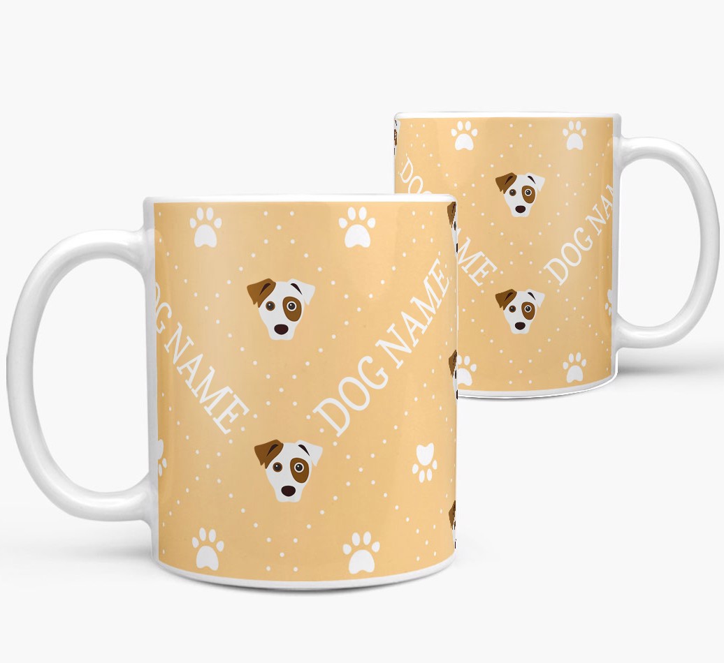'Personalized Mug with {breedFullName} Icons and Paw Prints both view
