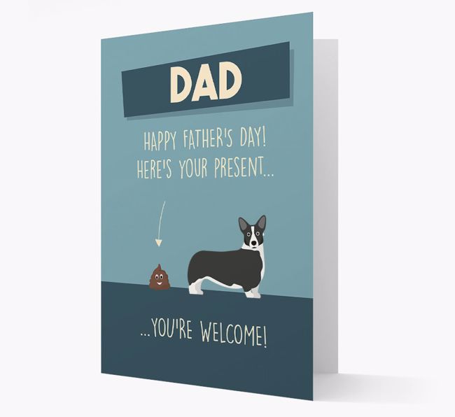 'Dad, here's your present...' Card for {breedFullName} Dad