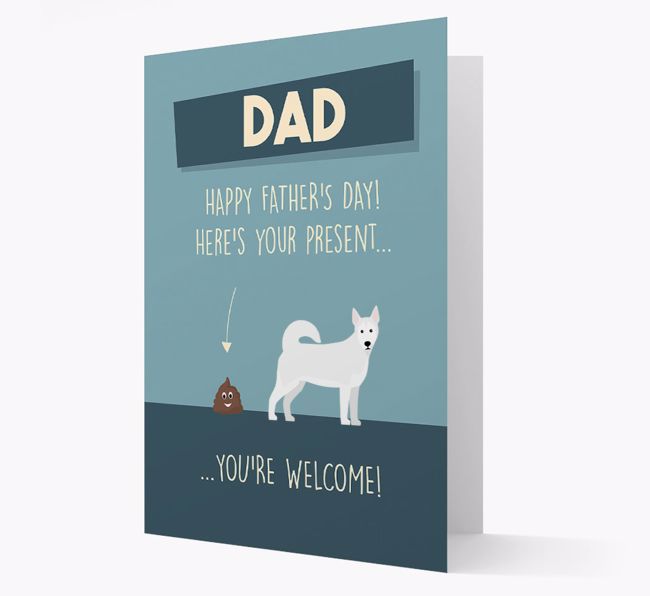 'Dad, here's your present...' Card for {breedFullName} Dad