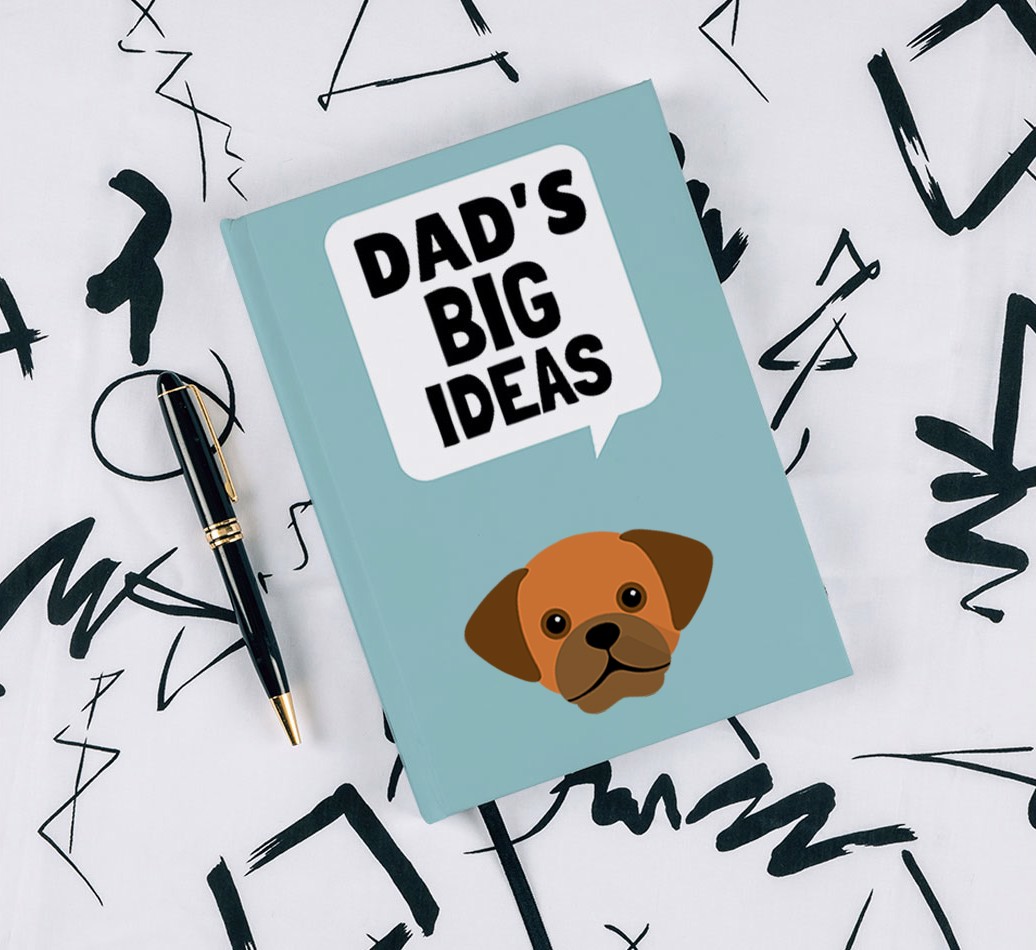 Dad's Big Ideas: Personalised {breedFullName} Notebook - with pen on black & white pattern background