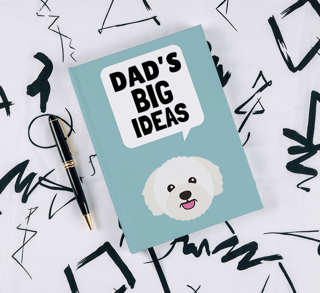 Dad's Big Ideas: Personalised {breedFullName} Notebook - with pen on black & white pattern background
