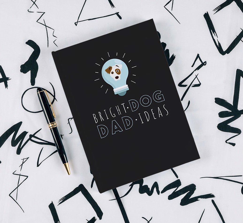 Bright Dog Dad Ideas: Personalised {breedFullName} Notebook - with pen on black & white pattern background