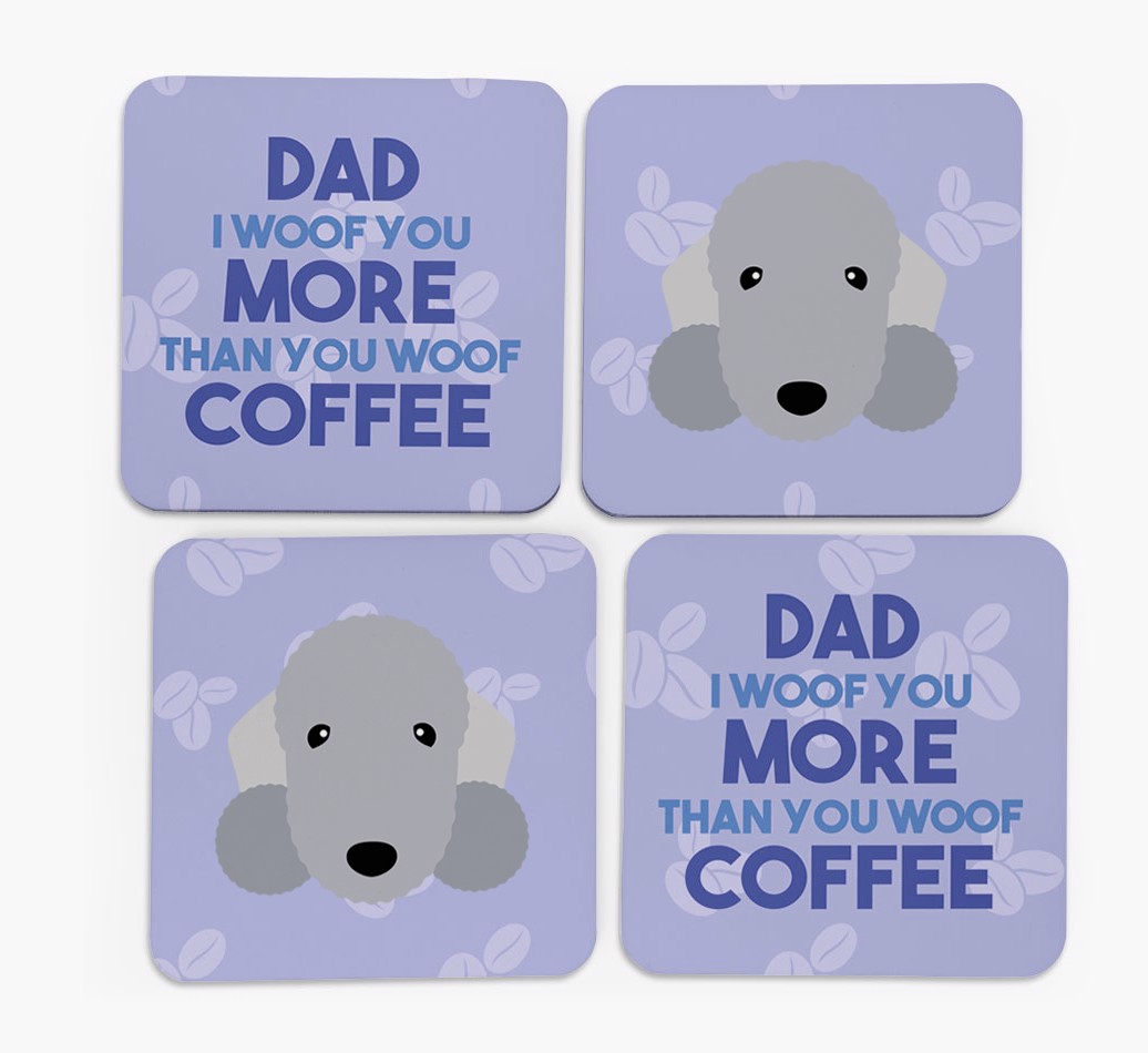 'Dad I Woof You More Than You Woof Coffee' - Personalised {breedFullName} Coasters - front of coasters