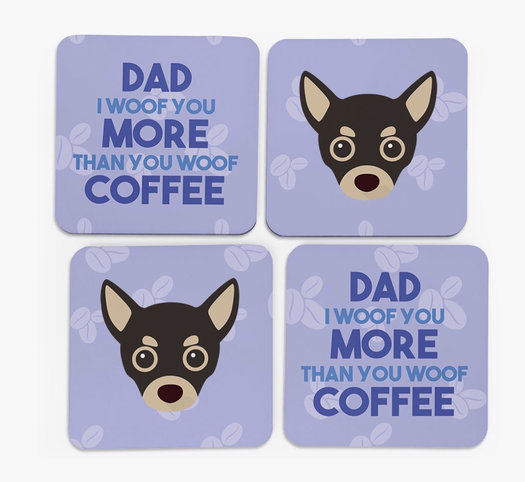 'Dad I Woof You More Than You Woof Coffee' - Personalised {breedFullName} Coasters - front of coasters