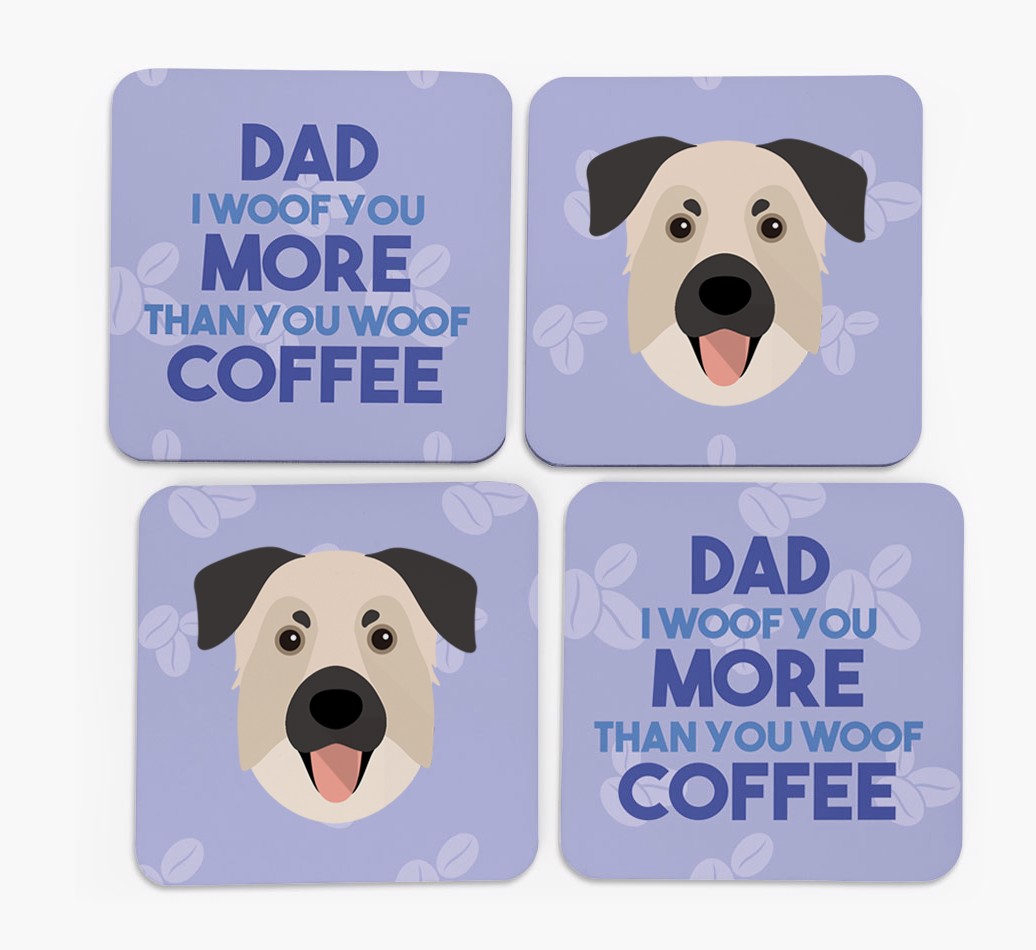 'Dad I Woof You More Than You Woof Coffee' - Personalised {breedFullName} Coasters - front of coasters