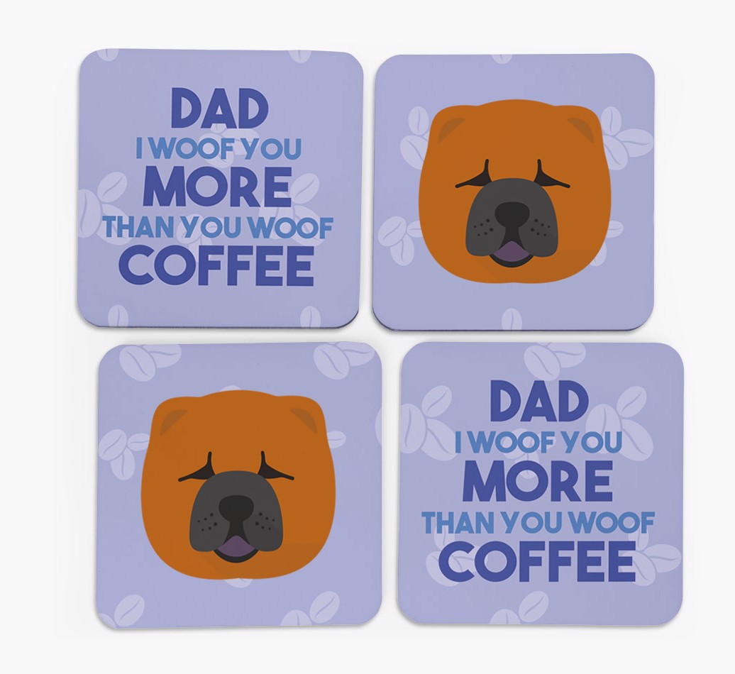 'Dad I Woof You More Than You Woof Coffee' - Personalised {breedFullName} Coasters - front of coasters