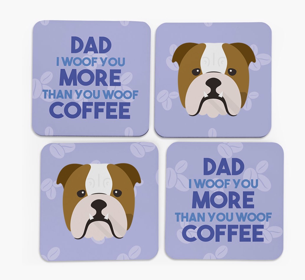 'Dad I Woof You More Than You Woof Coffee' - Personalised {breedFullName} Coasters - front of coasters