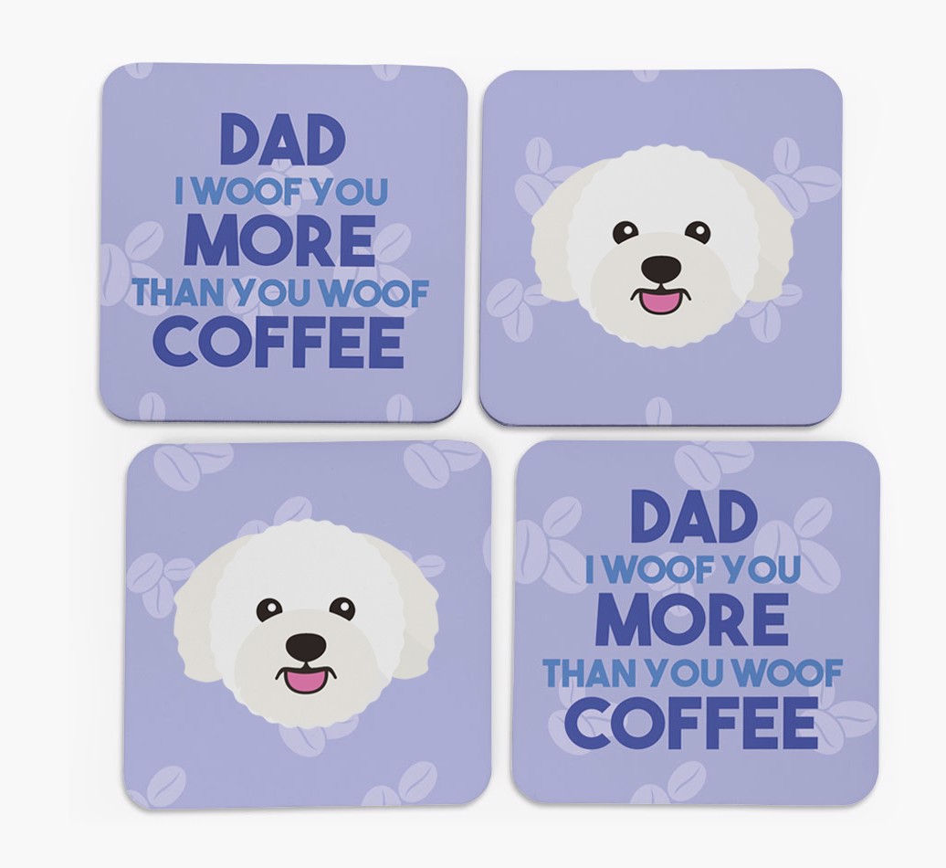 'Dad I Woof You More Than You Woof Coffee' - Personalised {breedFullName} Coasters - front of coasters