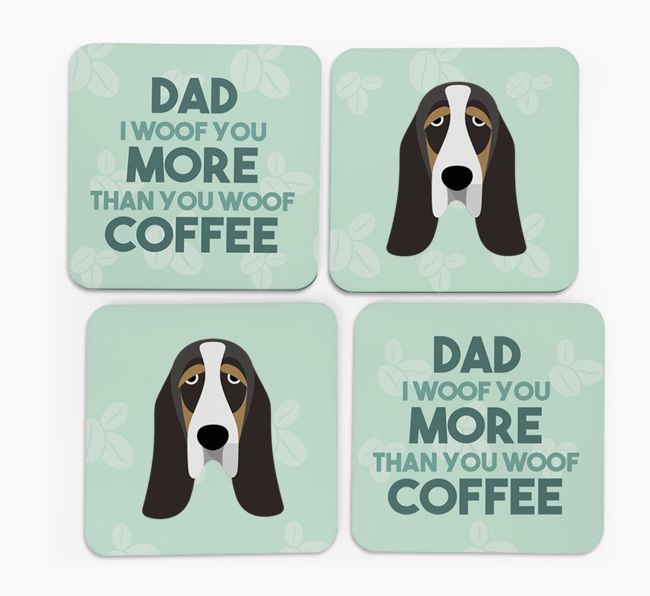'Dad I woof you more than you woof coffee' Coasters with {breedFullName} Icon