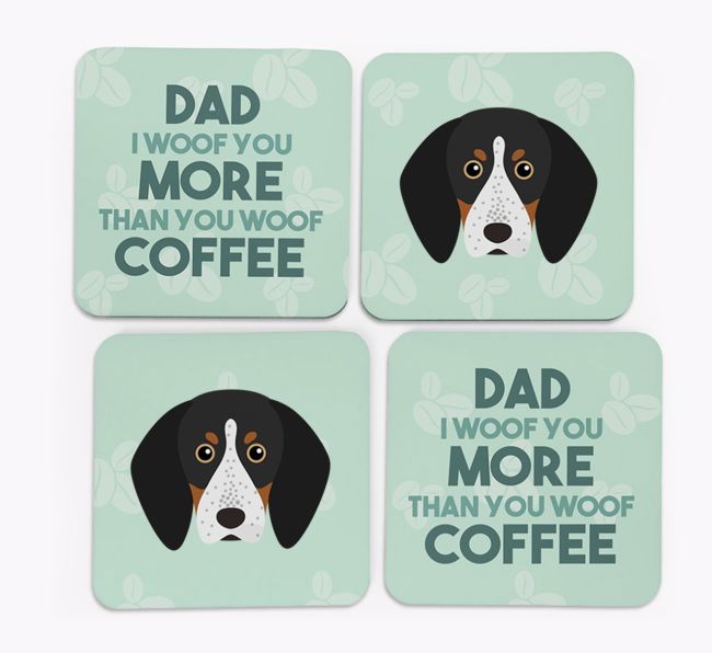 'Dad I woof you more than you woof coffee' Coasters with {breedFullName} Icon