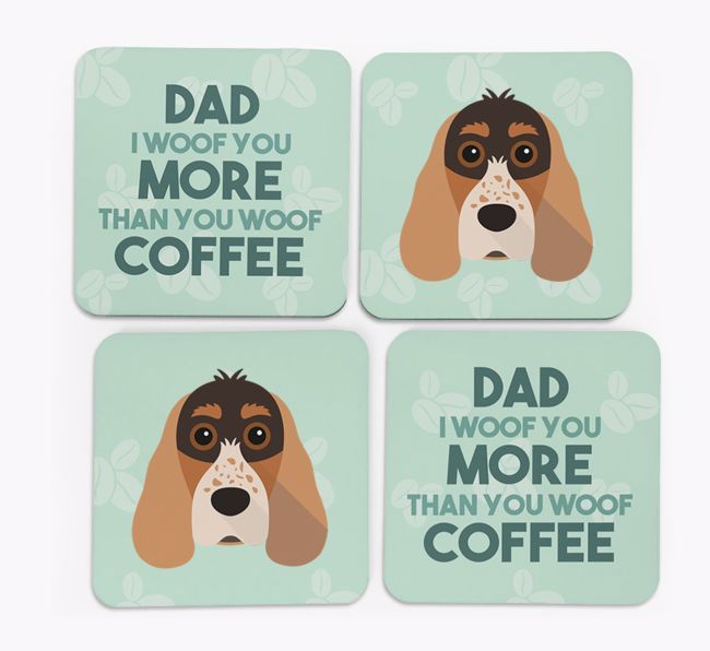 'Dad I woof you more than you woof coffee' Coasters with {breedFullName} Icon