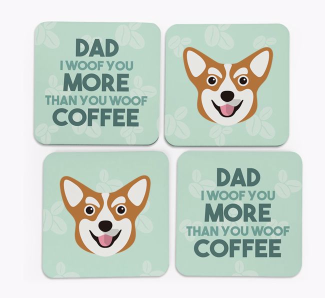 'Dad I woof you more than you woof coffee' Coasters with {breedFullName} Icon