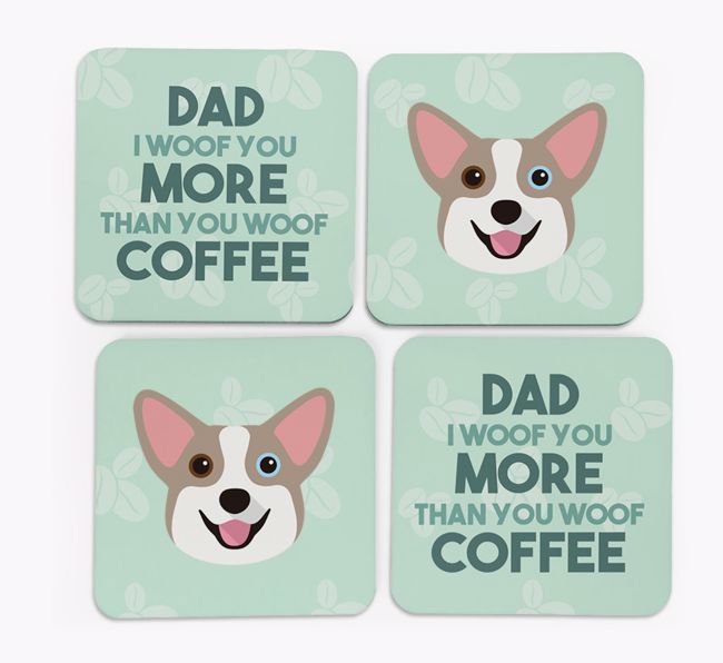 'Dad I woof you more than you woof coffee' Coasters with {breedFullName} Icon