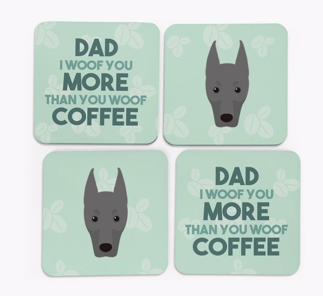 'Dad I woof you more than you woof coffee' Coasters with {breedFullName} Icon