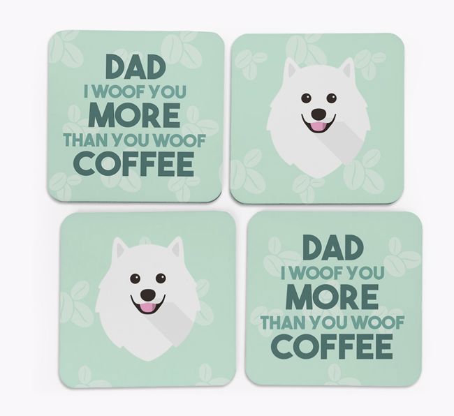 'Dad I woof you more than you woof coffee' Coasters with {breedFullName} Icon