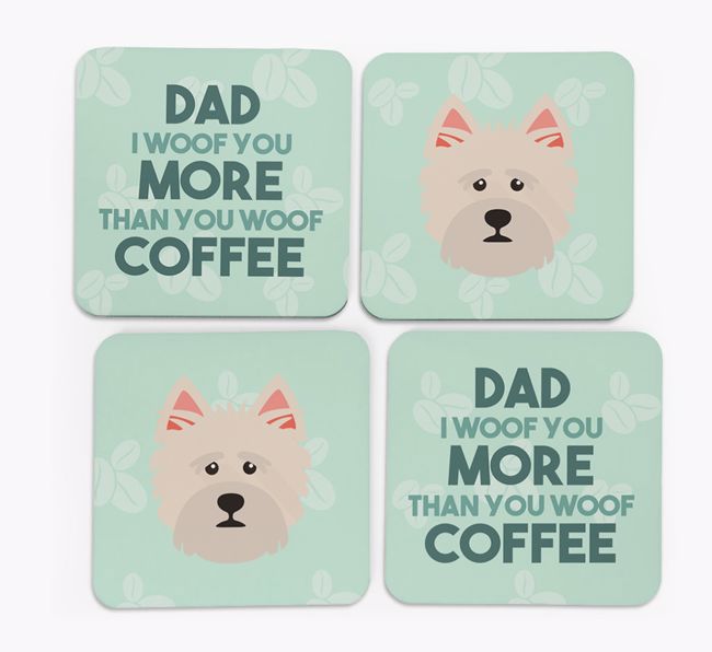 'Dad I woof you more than you woof coffee' Coasters with {breedFullName} Icon