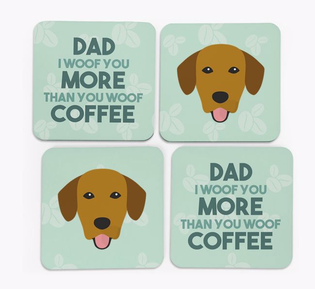 'Dad I woof you more than you woof coffee' Coasters with {breedFullName} Icon