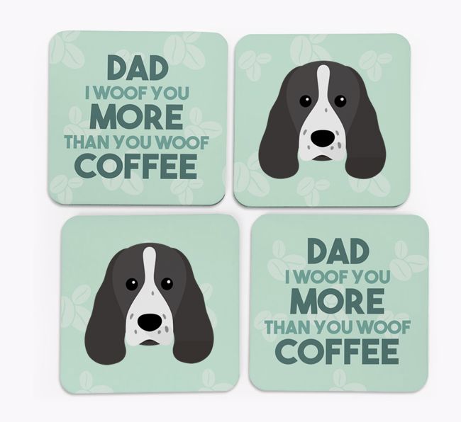 'Dad I woof you more than you woof coffee' Coasters with {breedFullName} Icon