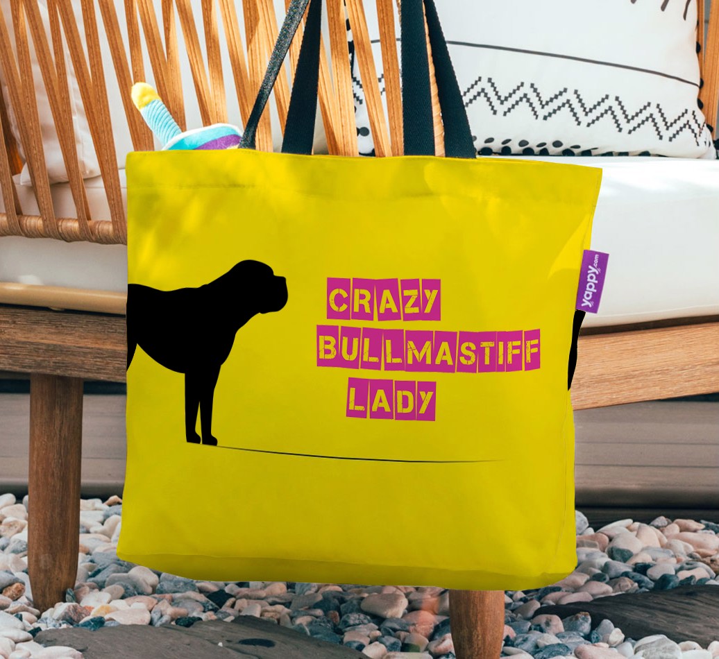 Crazy Dog Lady: Personalized {breedFullName} Canvas Bag - hanging on a chair