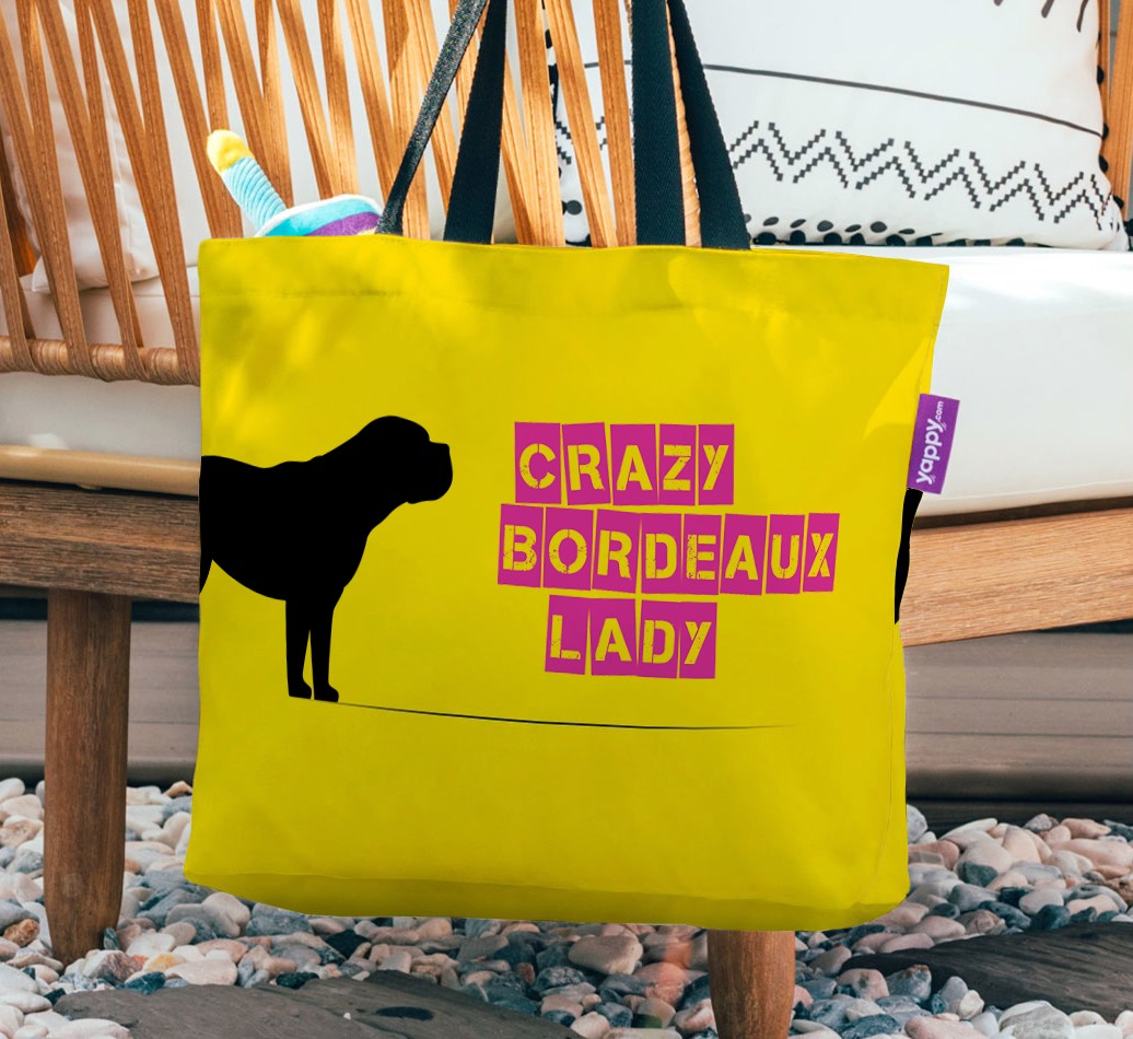 Crazy Dog Lady: Personalised {breedFullName} Canvas Bag - hanging on a chair