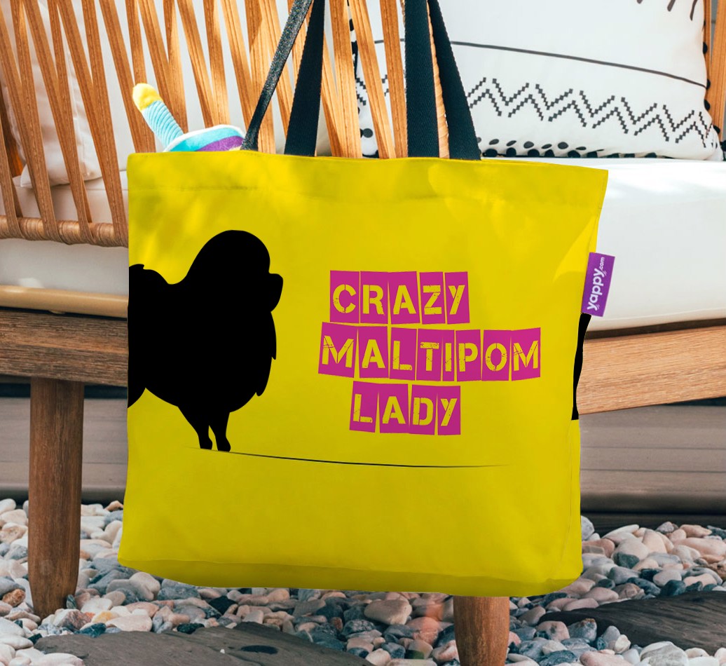 Crazy Dog Lady: Personalised {breedFullName} Canvas Bag - hanging on a chair