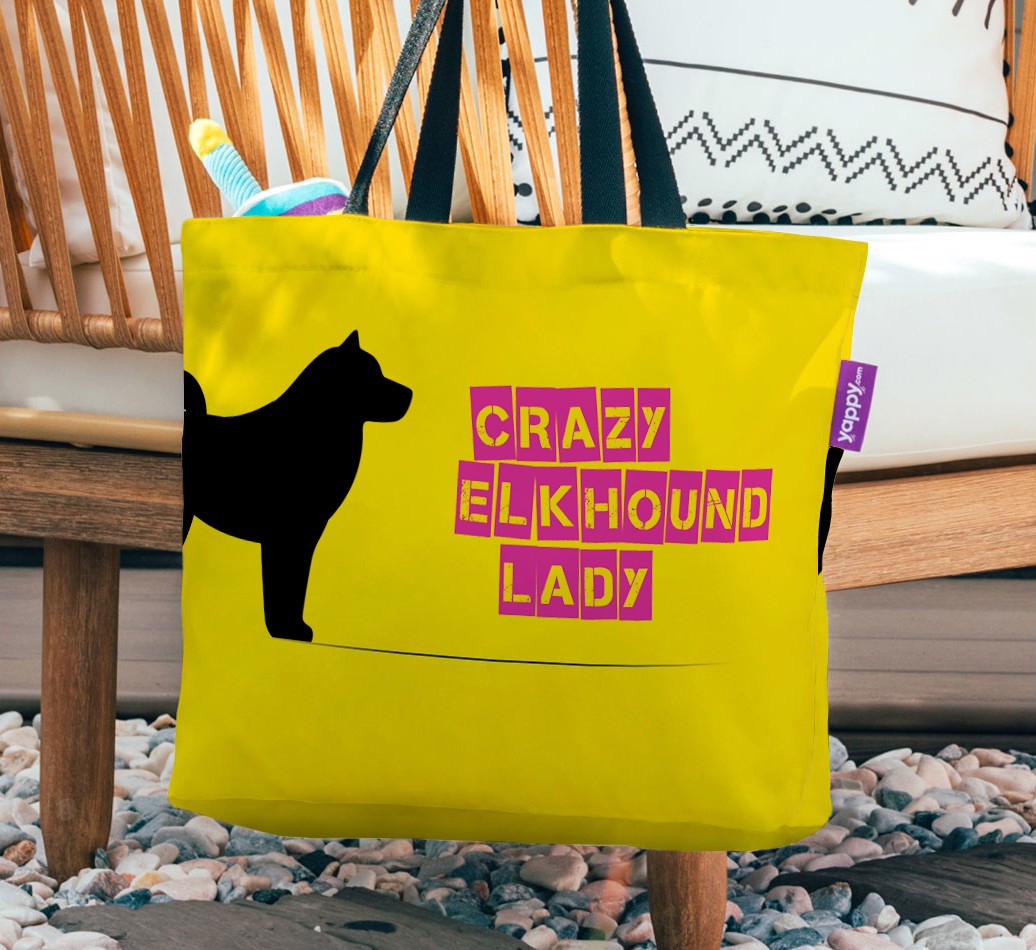 Crazy Dog Lady: Personalised {breedFullName} Canvas Bag - hanging on a chair