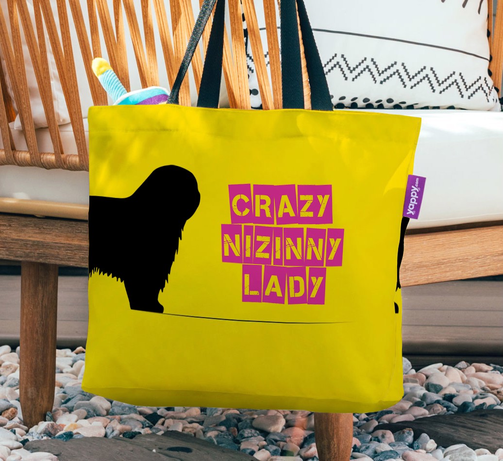 Crazy Dog Lady: Personalized {breedFullName} Canvas Bag - hanging on a chair